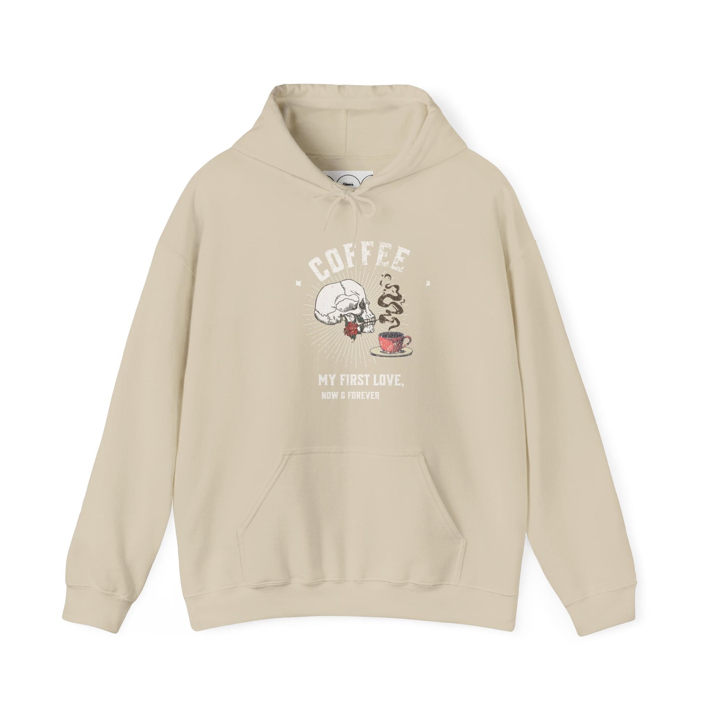 Coffee my first love now & forever, Unisex Heavy Blend™ Hooded Sweatshirt (no sleeve arm design)