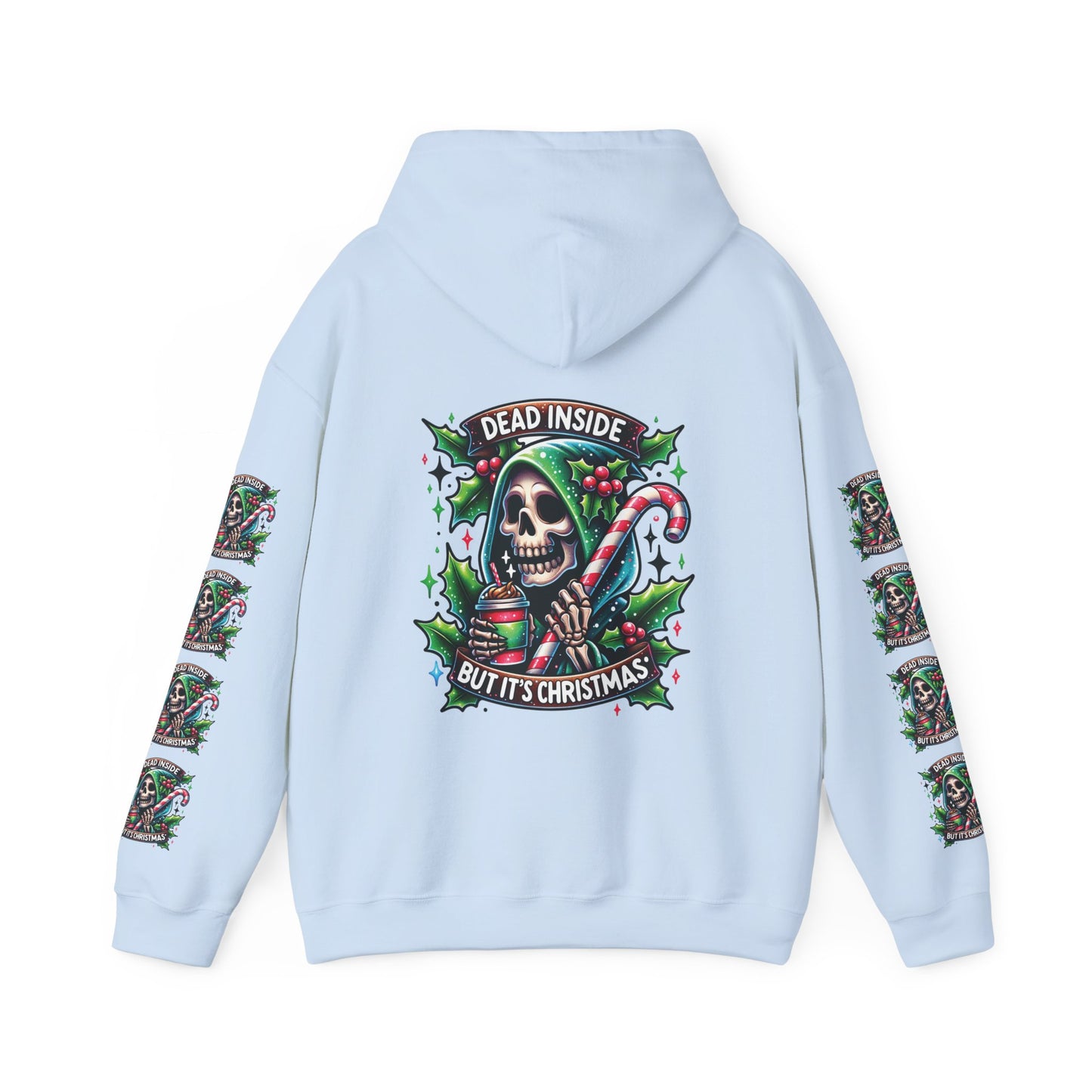 Dead inside but it’s Christmas,  Unisex Heavy Blend™ Hooded Sweatshirt (sleeve arm design)