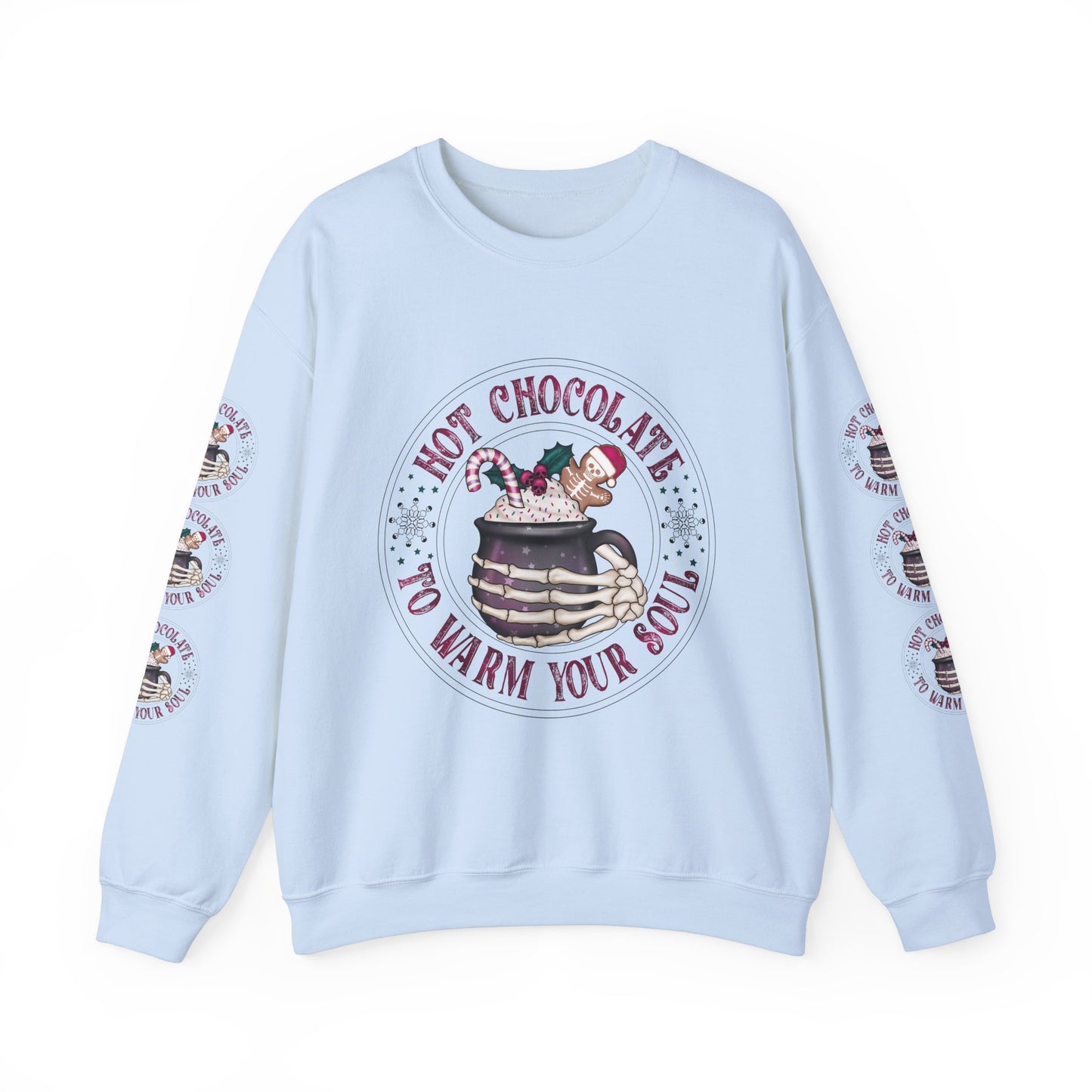 Hot chocolate to warm up my soul, Unisex Heavy Blend™ Crewneck Sweatshirt (Sleeve design)