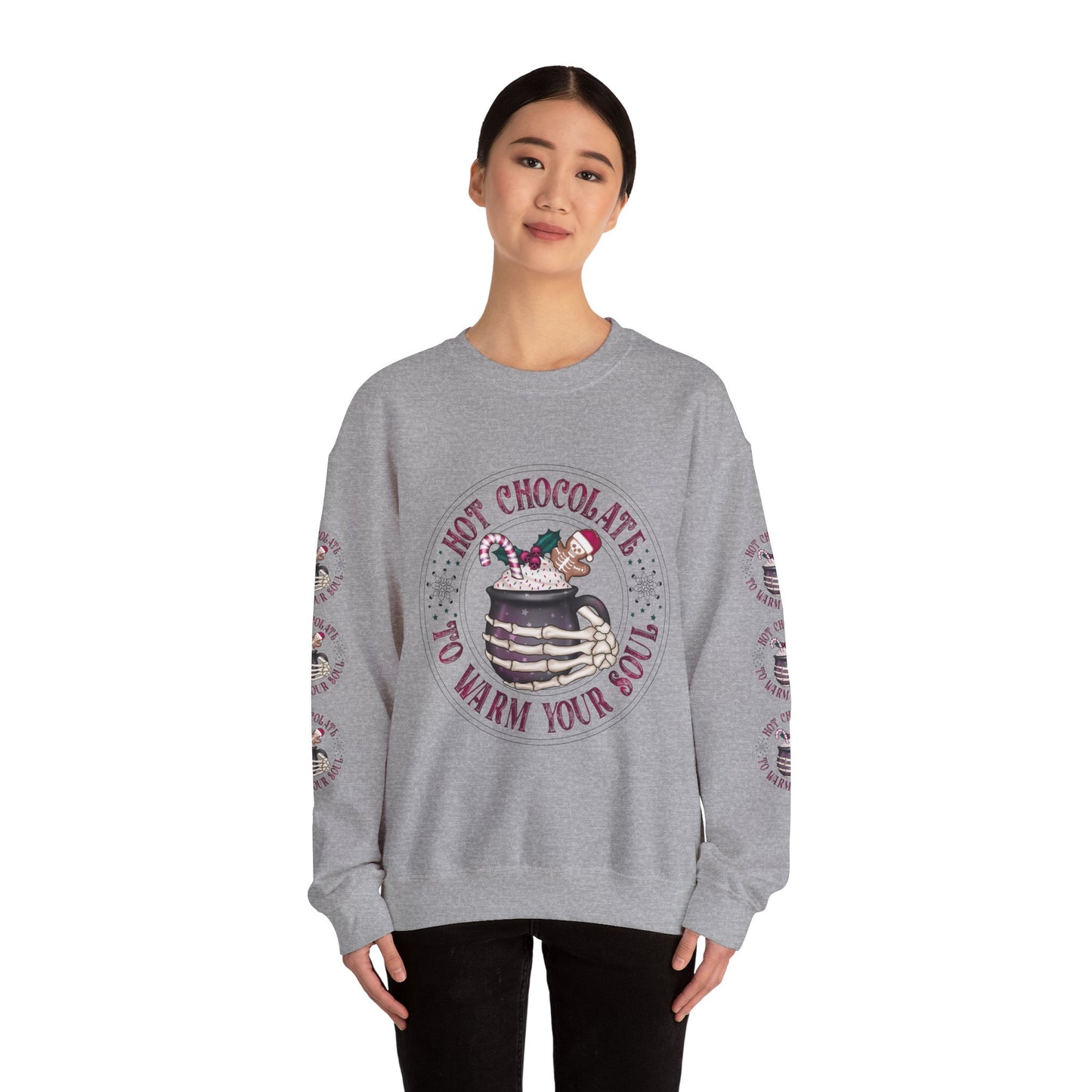 Hot chocolate to warm up my soul, Unisex Heavy Blend™ Crewneck Sweatshirt (Sleeve design)