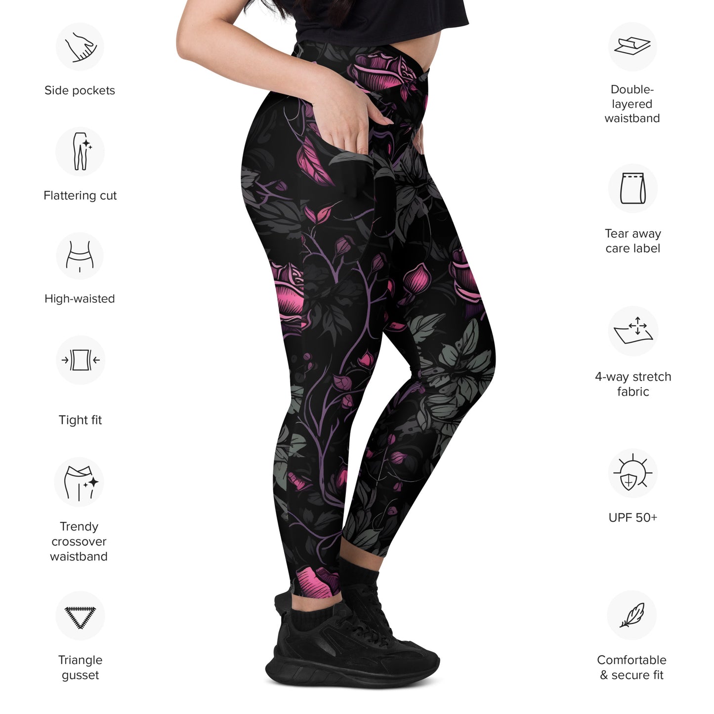 Dark roses, Crossover leggings with pockets