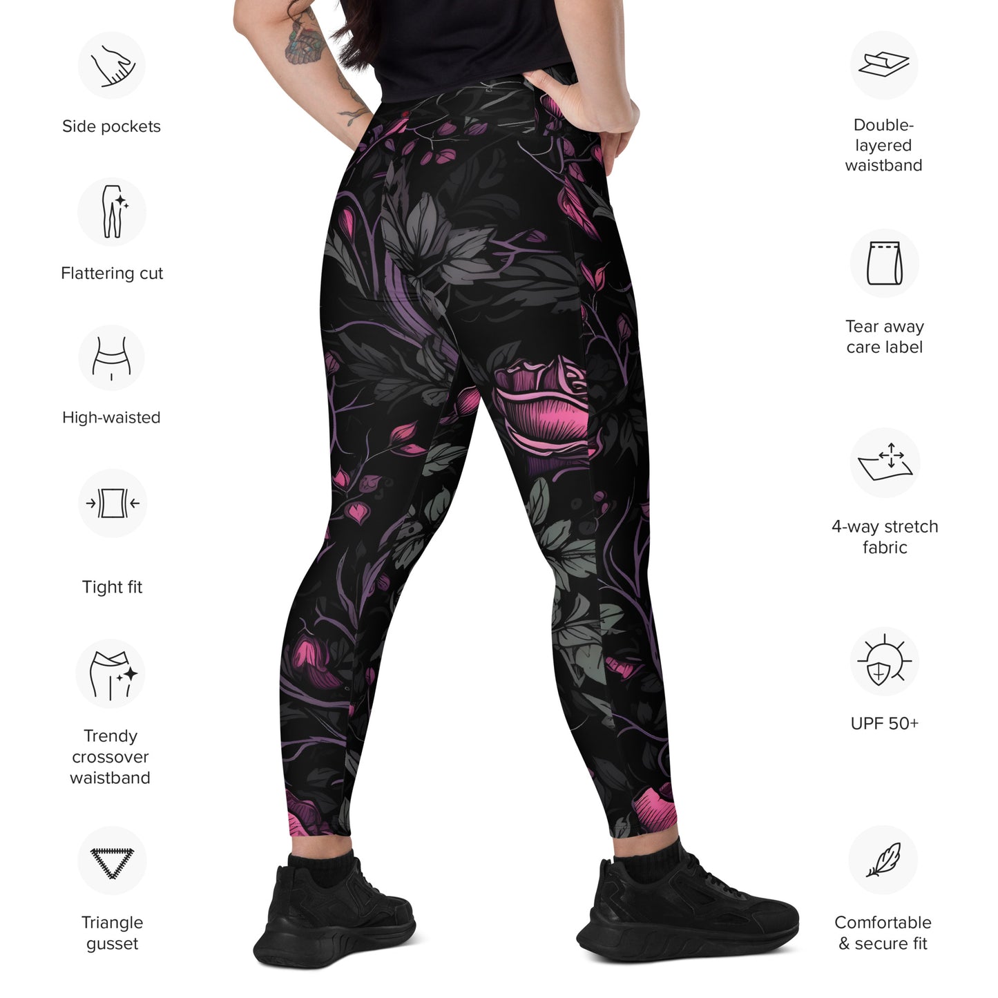 Dark roses, Crossover leggings with pockets